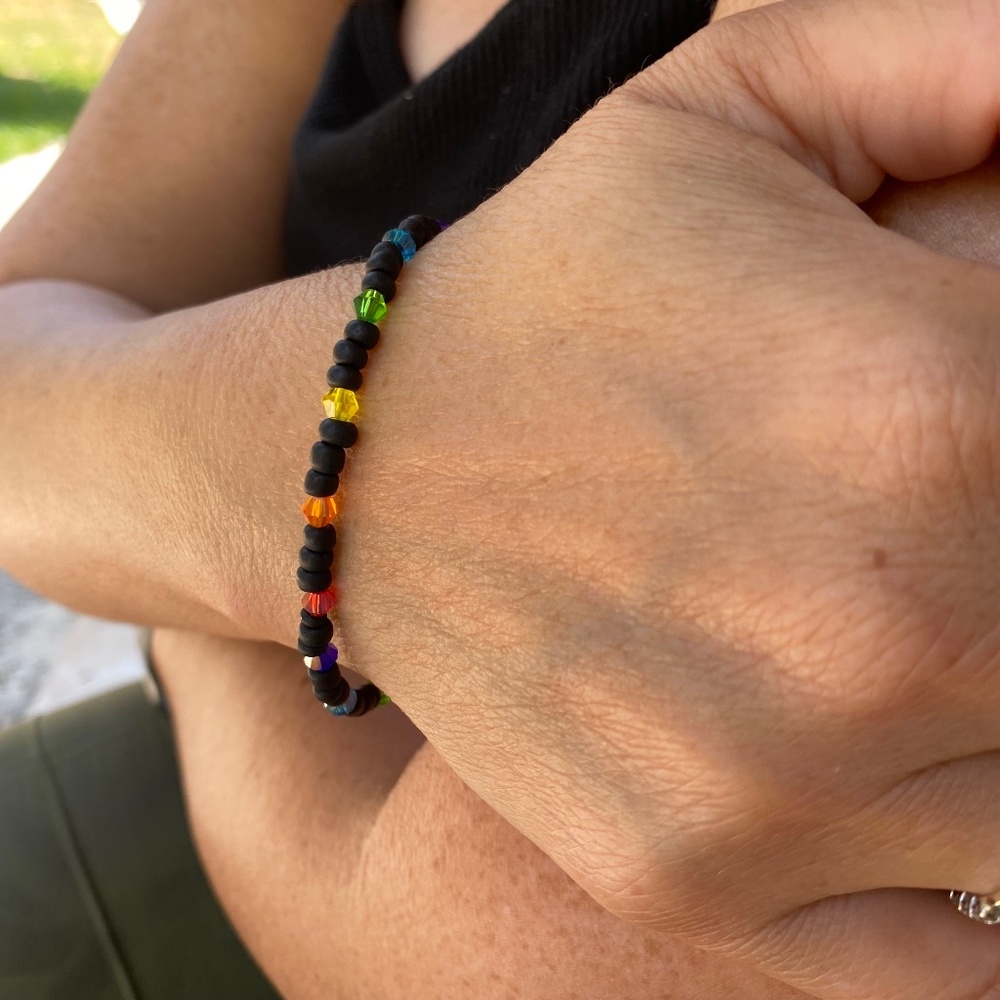 Matte Black & Rainbow Crystal Beaded Bracelet 8.25 inch
